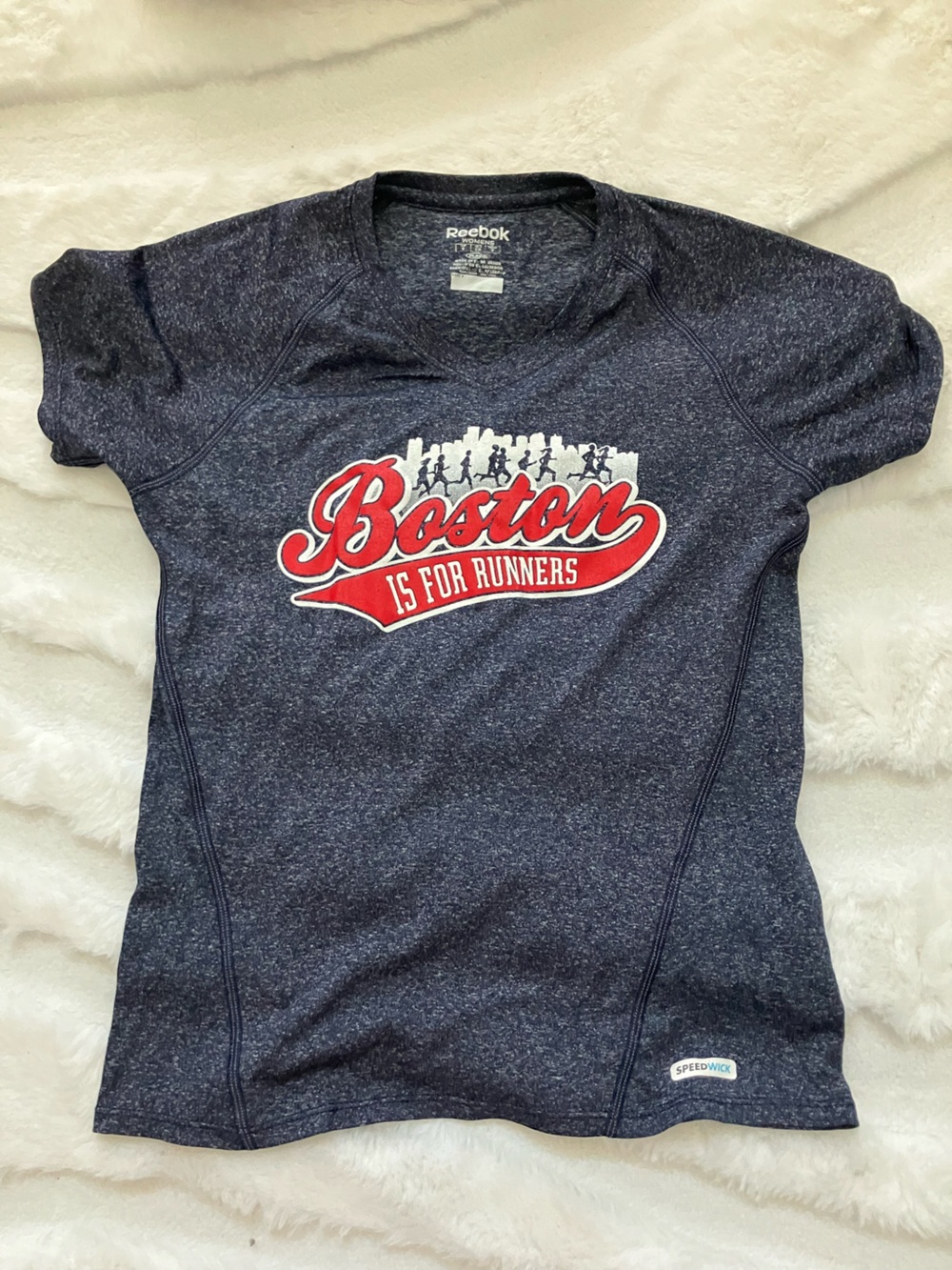 Boston Marathon Reebok Navy Sweatshirt with Red Boston Graphic